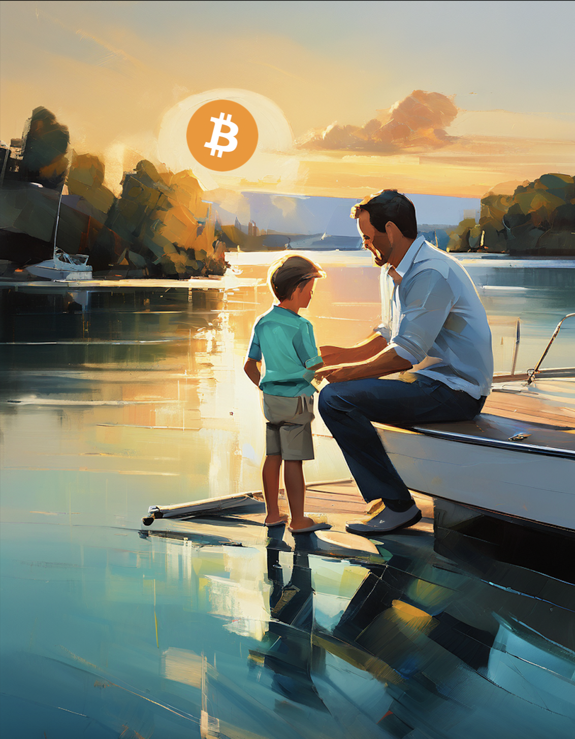A father and son on a dock at sunset with a Bitcoin sun, illustrating legacy wealth