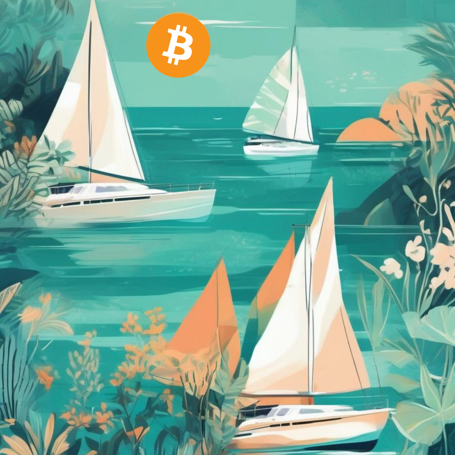 Sailboats on teal water with a Bitcoin sun, Tidal Wealth illustration